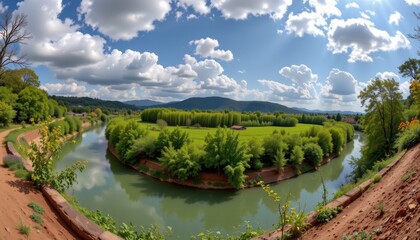Fototapeta premium A winding river flows through lush green fields scenic landscape nature photography tranquil environment panoramic view