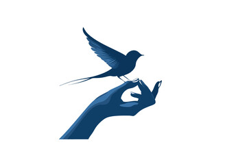 Fototapeta premium Stylized blue bird perched delicately on an open human hand, symbolizing freedom, nature, peace, and gentle care. Minimalist vector illustration.