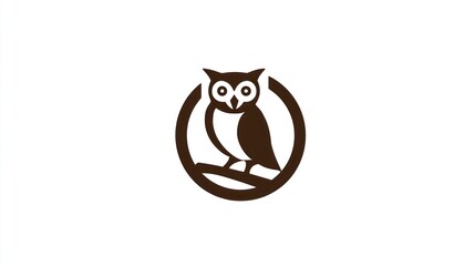 Brown owl logo design sitting on branch inside a circle on white backdrop