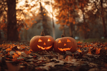 Two carved pumpkins with Halloween faces in a leaf-covered park