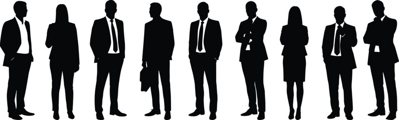 Silhouette of diverse business professionals standing together in formal attire, teamwork, leadership, office staff, corporate group, success, partnership illustration