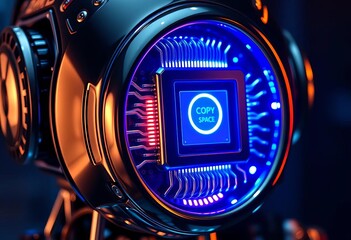 Close-up of a sleek, chrome robot's processing core, glowing blue, android, logic