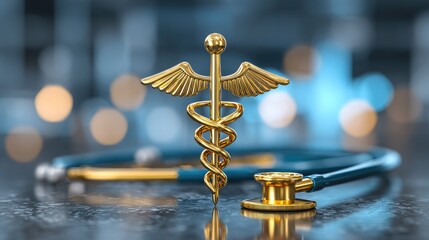 A medical symbol with wings and a snake, placed on a reflective surface with a blurred background.