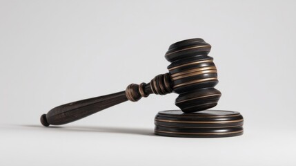 A judicial gavel with a long handle and a round striking head, featuring golden decorative details,