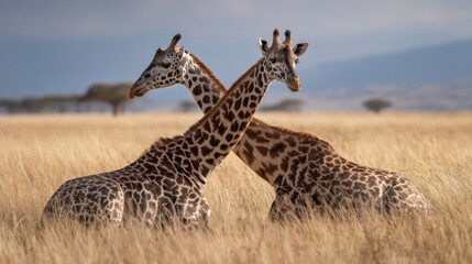 Obraz premium Two giraffes sit closely together in a dry grassy field,