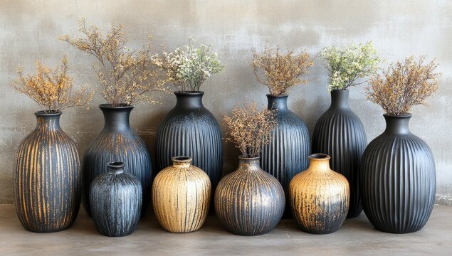 Grouped vases with dried flowers against a textured wall