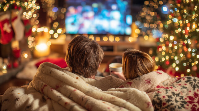 Cozy couple relaxing with blankets and hot drinks watching holiday movies during Thanksgiving and Christmas festive season - Powered by Adobe