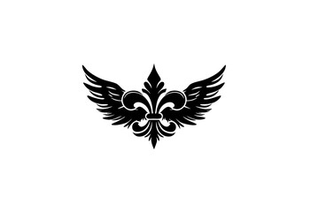 Fototapeta premium Elegant black fleur de lis symbol with majestic stylized wings, vintage vector graphic design element, ornate emblem illustration