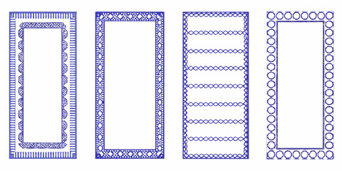 Collection of four unique blue decorative rectangular borders and frames with intricate patterns