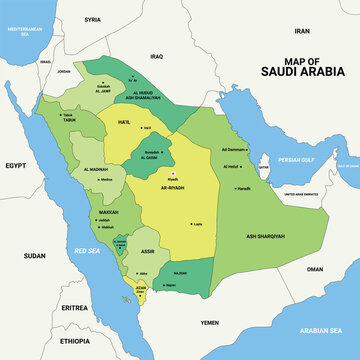 Vector map of Saudi Arabia with regions and cities. Middle East country illustration for education, travel, and design projects.