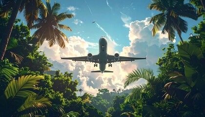 An airliner flies straight towards the viewer, framed by tropical foliage and palm trees. The plane cuts across a bright sky with fluffy clouds