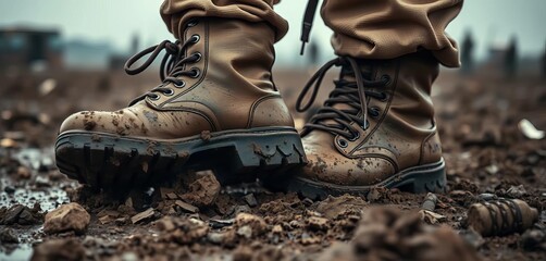 Close-up view of muddy combat boots in a warzone,   survival,  soldier