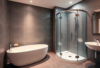 Modern bathroom with bathtub and shower stall, chrome fixtures,   tray,  relaxation