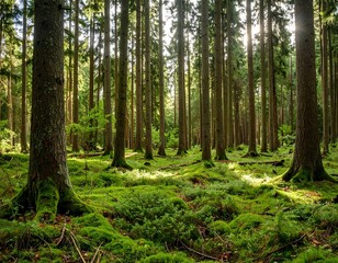 Sunlight filtering through a dense forest