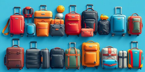 Diverse travel luggage icons, set of suitcases and backpacks,  exploration,  transport
