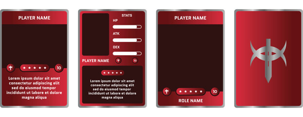 Modern game UI player profile card template. Futuristic red design with stat bars, star rating, and placeholders. Ideal for RPG, fantasy games, and mobile apps