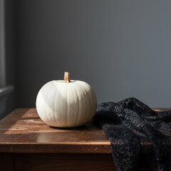 White Halloween Pumpkin Still Life on A Table With Dark Cloth.