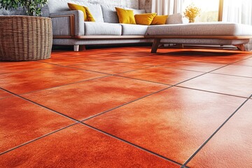Sunny room with red tile floor and sofa