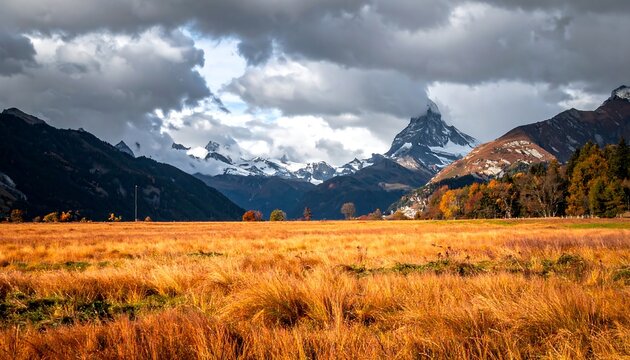 Autumn landscape depicting golden fields, a snow-capped mountain range beneath a dramatic cloudy sky. Some trees show fall colors