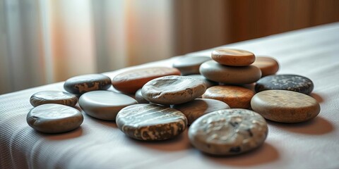 Warm, smooth Himalayan stones on a massage table,  basalt,  holistic