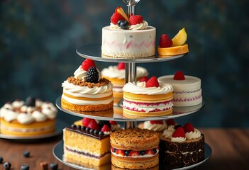 Assorted cakes on tiered stand, decorated with frosting and fruit,  frosting,  appetizing