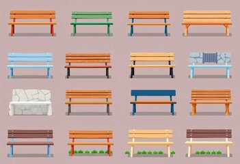 Collection of simple, flat-style icons depicting various park benches, including wood, metal, and stone styles,  icon set,  simple icon