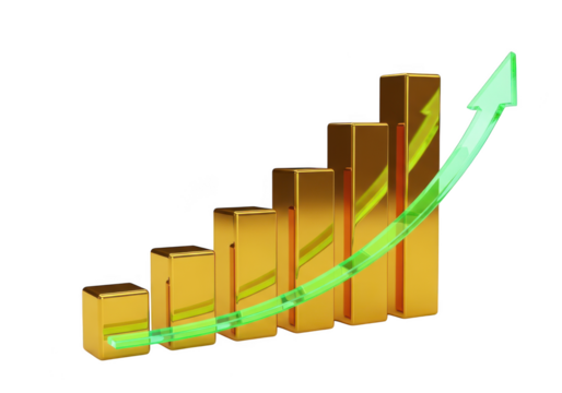 Golden bar chart showing upward trend with green arrow isolated on transparent background