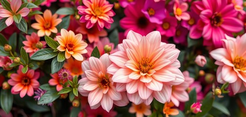 Vibrant floral backdrop, lush blooms in soft focus,  image,  art