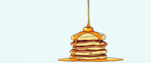 Fluffy stack of hand-drawn pancakes, syrup dripping,  drawing,   breakfast illustration