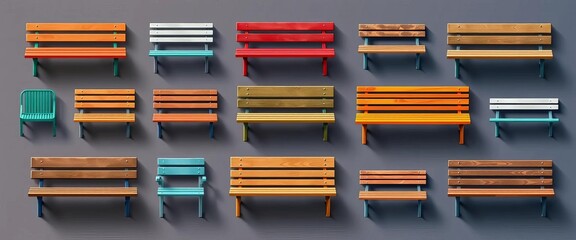 Collection of flat-lay style icons depicting various park benches, different materials & designs,  design,  yellow