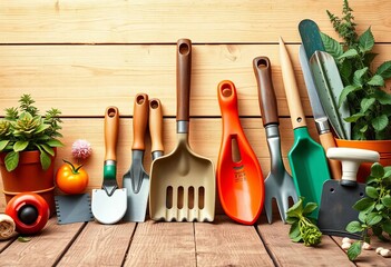 Complete gardening tool set on wooden background,  weeding,  spring