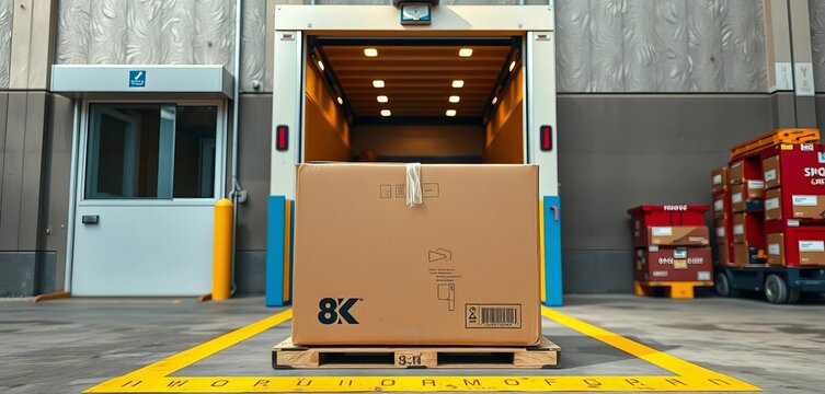 A cardboard box on a loading dock, ready for transport,  time,  unloading