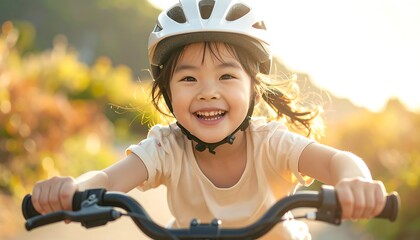 A joyful child rides a bicycle outdoors