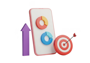 3d render of a smartphone displaying pie charts next to a dartboard and upward arrow isolated on transparent background