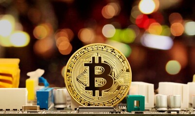 Bitcoin coin on computer keyboard. Crypto money