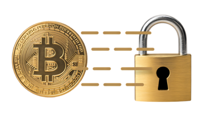 Bitcoin security symbolizing digital asset protection with a golden padlock isolated on transparent background