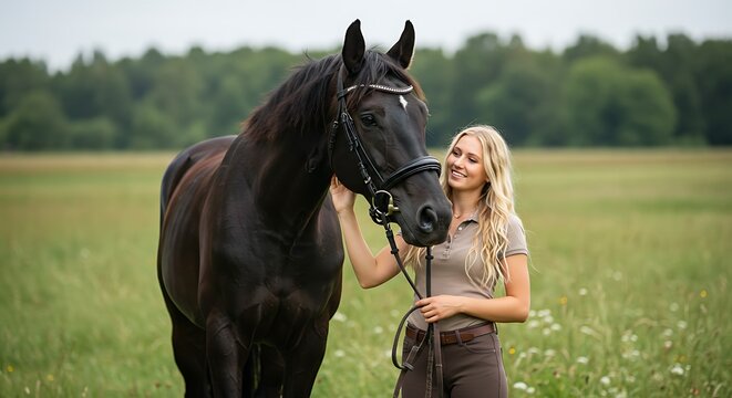 A harmonious bond a young woman and her black horse share a peaceful moment in a rural landscape