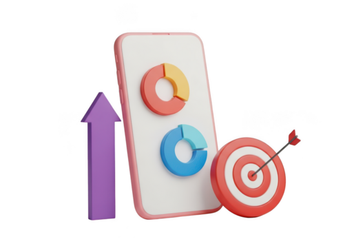 3d render of a smartphone displaying pie charts next to a dartboard and upward arrow isolated on transparent background - Powered by Adobe