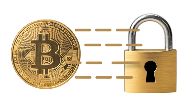 Bitcoin security symbolizing digital asset protection with a golden padlock isolated on transparent background