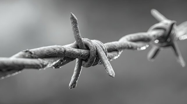 A close-up of a barbed wire fence with a blurred background.