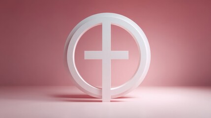 Obraz premium A minimalist white Christian cross in a circular frame stands upright on a flat surface with a shadow below,