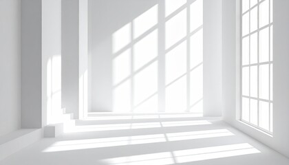 Minimalist sunlit white room with multiple windows casting geometric shadows