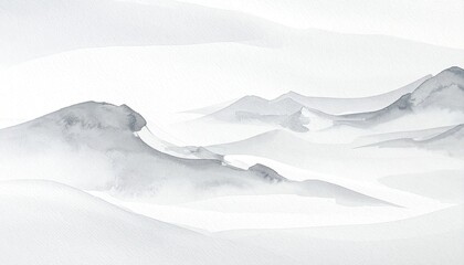 Abstract landscape of layered mountains rendered in soft gray and white ink washes