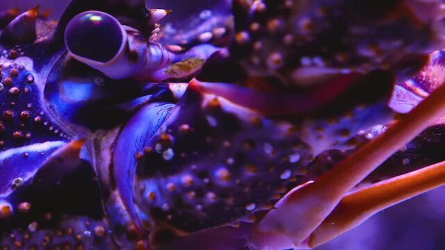 Very close up of a lobster head resting on the sea ground and moving his front legs and antennae