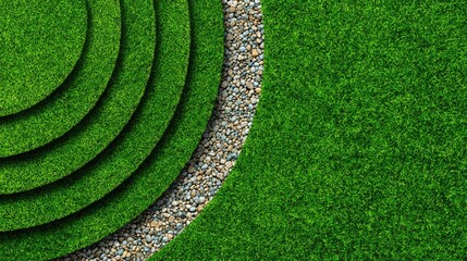 A circular, green, grassy area with a stone path and a circular stone path leading to a green grassy area.