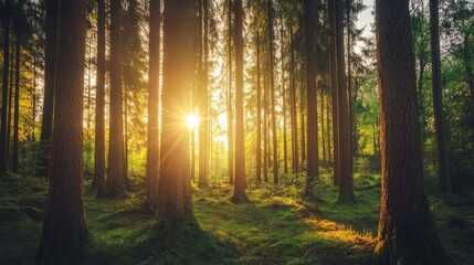 Obraz premium Golden sunlight streams through the trees in a lush green forest.
