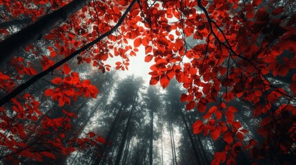 Looking up at a canopy of red leaves in a misty forest.