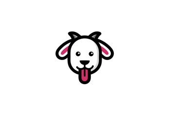 Naklejka premium Friendly cartoon baby goat head illustration with pink tongue sticking out, adorable white animal character design, vector graphic