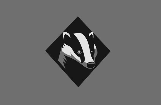 Stylized black and white badger head illustration in a geometric diamond shape, animal logo concept on a grey background