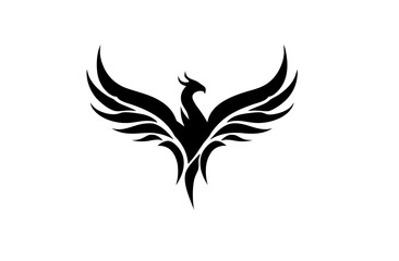 Obraz premium Stylized Black Phoenix Bird Silhouette Vector Illustration. Mythical Creature Icon, Symbol of Rebirth, Power & Majesty on White.
